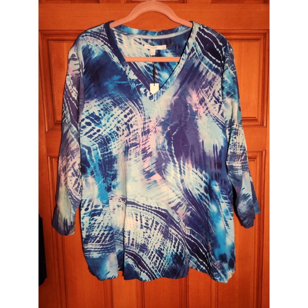 Chico's Blue White Pink Tie Dye Top  V-Neck Long Sleeves Women's Size XXL NWT
